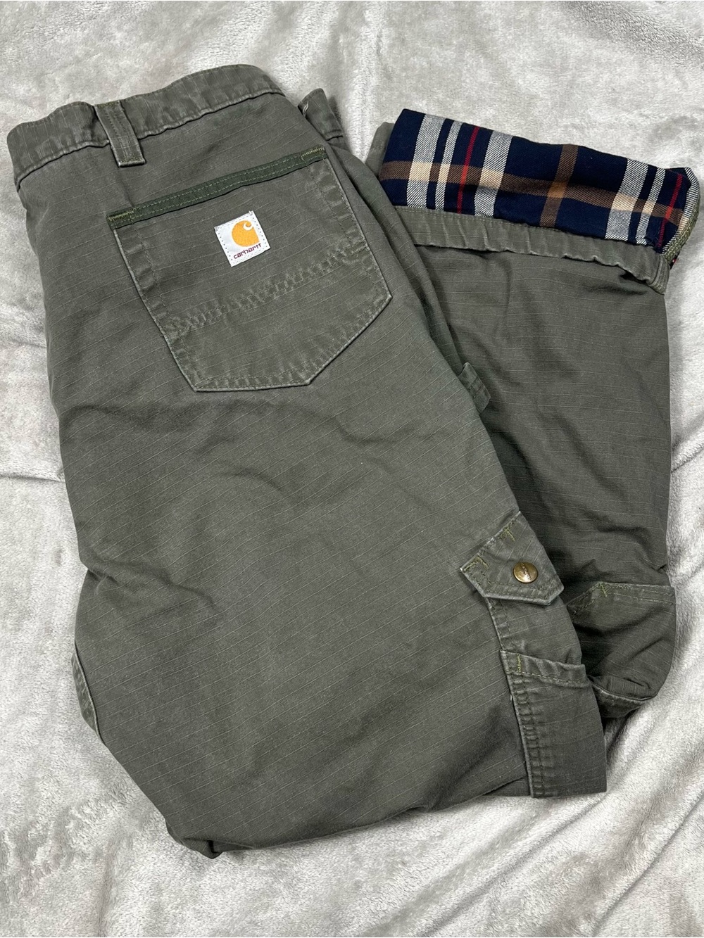 Carhartt Flannel Lined Double Knee Pants Mens 42x30 Green Cargo Relaxed 102287